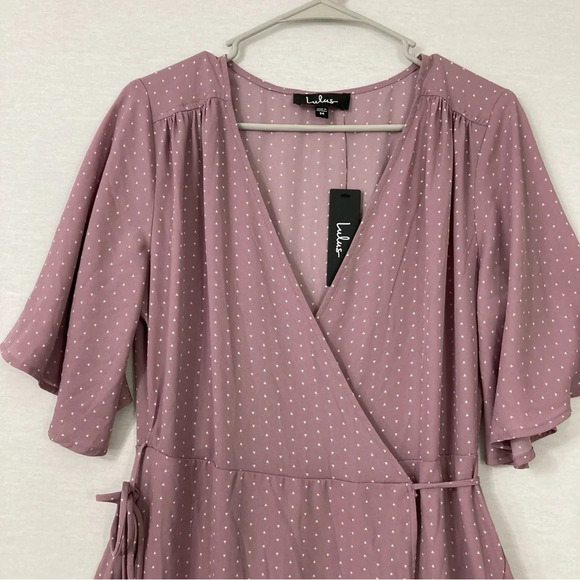 New Lulu's Mauve Color Polka Dot Soft Flowy Wrap Belted Midi Dress Medium - Picture 6 of 11
